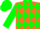 Dayglo orange, dayglo green band of diamonds,collar and sleeves, dayglo orange cuffs and cap, dayglo green peak