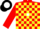 Red and yellow blocks, black scorpion on white ball