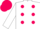 White, hot pink spots, white sleeves, hot pink cap