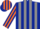 Dark blue and grey stripes, dark blue and orange striped sleeves and cap