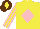 Yellow, pink diamond, striped sleeves, brown cap, yellow diamond