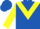Royal blue, yellow triangular panel, royal blue bars on yellow sleeves