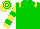 Green body, yellow epaulettes, yellow arms, green hooped, yellow cap, green hooped