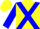Yellow body, blue cross belts, blue arms, yellow cap