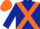 Dark blue body, orange cross belts, dark blue arms, orange cap