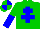 Green body, blue cross of lorraine, green arms, blue halved, green cap, blue quartered