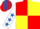 Red and yellow (quartered), white sleeves, royal blue stars, striped cap