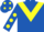 Royal blue, yellow chevron, royal blue sleeves, yellow spots and cap