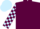 Maroon, light blue and maroon check sleeves, light blue cap