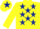 Yellow, dark blue stars, yellow sleeves, dark blue star on cap