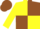 Yellow, brown quarters, yellow sleeves, yellow and brown cap