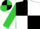 Black and white quartered diagonally, lime green sleeves, black and lime green quartered cap
