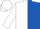 White and royal blue halves, white sleeves, blue cuffs and cap