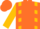 Orange, gold braces, gold and black arrow, orange chevrons on gold sleeves, orange cap