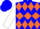 Blue, white b's on orange diamond belt, blue & orange diamonds on white sleeves