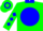 Green, blue disc and collar, blue diamonds on sleeves, green and blue hooped cap