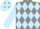 Grey and light blue diamonds, light blue sleeves, light blue cap, grey diamonds
