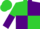 Lime green and purple quartered, halved sleeves, lime green cap, purple peak
