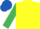 YELLOW, emerald green sleeves, royal blue cap