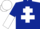 Dark blue, white cross of lorraine, halved sleeves, white cap