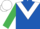 Royal blue, white chevron, emerald green sleeves, white cap