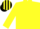 Dayglo yellow, black spot, dayglo yellow sleeves, striped cap