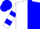 White and blue halved diagonally, white sleeves, blue hoop, white and blue halved cap