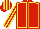 Red, yellow seams, striped sleeves and cap