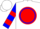 White, red ball in blue circle, blue and red bars on sleeves
