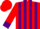 Red, purple stripes, red sleeves, purple armbands, collar and cuffs, red cap