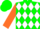 Green, yellow 'smiling face',  white diamonds, orange sleeves