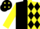 Black and yellow vertical halves ,black diamonds on yellow sleeves