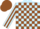 Light blue and brown blocks, light blue and brown striped sleeves, brown cap