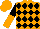 Orange and black diamonds, black and orange halved sleeves, orange cap