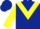 Dark blue body, yellow chevron, yellow arms, dark blue hooped, dark blue cap