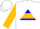 White, blue triangle, gold hoop, gold sleeves, white cap