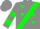 Gray, green sash on front, green dots on back, green bars on sleeves
