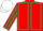 Red, dark green seams, striped sleeves, white cap