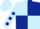 Light blue and dark blue (quartered), light blue sleeves, dark blue spots, light blue cap
