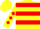 Yellow, multi-colored 'haddad ranch', red hoops, red diamonds on sleeves