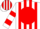 White white 'jb'on red ball, red  stripes, red bars on sleeves