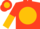 Scarlet, gold ball, lazy 'f', scarlet and gold halved sleeves