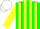 Green, blue braces, white crescent moon, yellow stripes and cuffs on sleeves, white cap