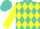 Turquoise and yellow diamonds, yellow sleeves, turquoise diamond seam, turquoise cap, yellow button