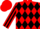 Red and black checked diamonds, striped sleeves, red cuffs and cap, black peak