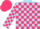 Sky blue and cerise checked, checked sleeves, cerise cap