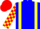 Blue, dayglo yellow braces, dayglo yellow and red checked sleeves, blue and red checked cap, blue peak
