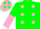 Green, pink spots, halved sleeves, pink cap, green stars