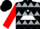 Black, red 'r' on silver framed white triangle, black hoops and silver diamonds on red sleeves