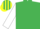 Emerald green, white sleeves, em green & yellow striped cap